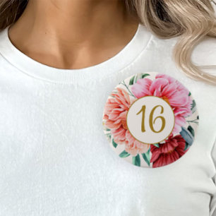 Elegante roze pioenrozen in burgundy Sweet 16   Ronde Button 4,0 Cm