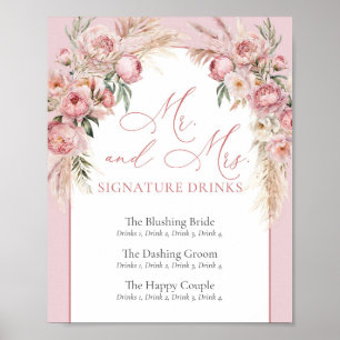 Elegante roze pioenrozen pampas boho boog handteke poster