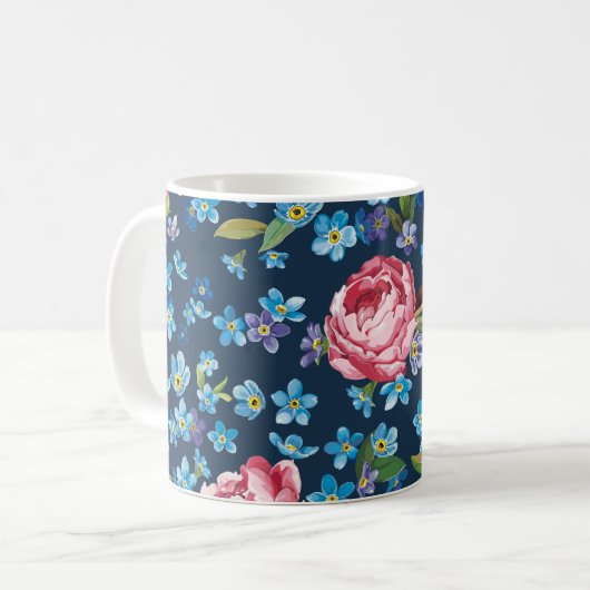 Elegante roze pioenrozen retro achtergrond koffiemok (Voorkant links)