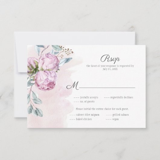 Elegante Roze Pioenrozen Salie Groene Bruiloft RSVP Kaartje (Voorkant)