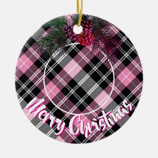 Elegante roze plaid pinecone foto sjabloon keramisch ornament (Voorkant)