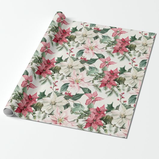 Elegante roze poinsettias kerst cadeaupapier (Uitgerold)