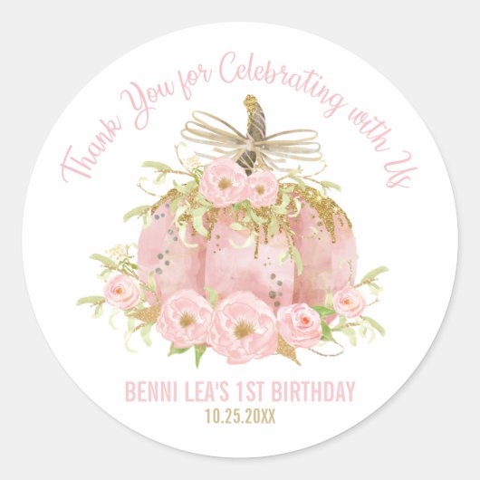Elegante Roze Pompoen 1e Verjaardagsgunst Dank u Ronde Sticker (Voorkant)