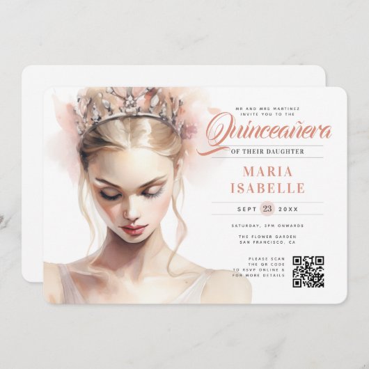 Elegante roze prinses QR-code Quinceañera Kaart (Voorkant / Achterkant)