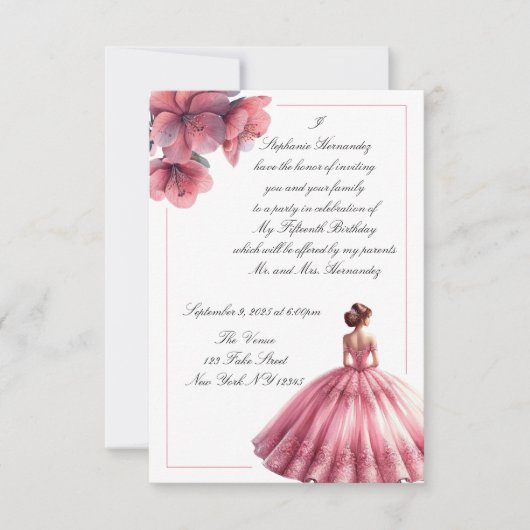 Elegante roze prinses Quinceañera uitnodiging (Voorkant)