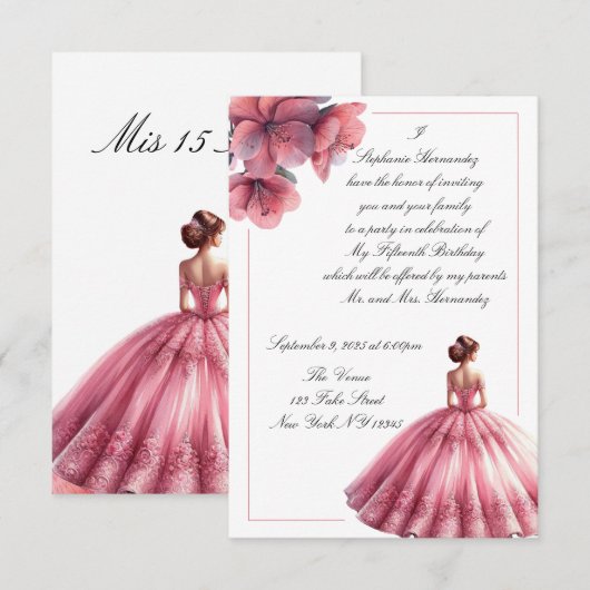 Elegante roze prinses Quinceañera uitnodiging (Voorkant / Achterkant)