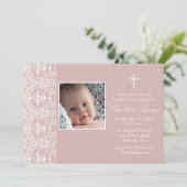 Elegante Roze Pruim & Witte Damask Doop Uitnodigen Kaart (Staand voorkant)