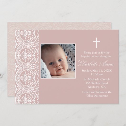 Elegante Roze Pruim & Witte Damask Doop Uitnodigen Kaart (Voorkant / Achterkant)