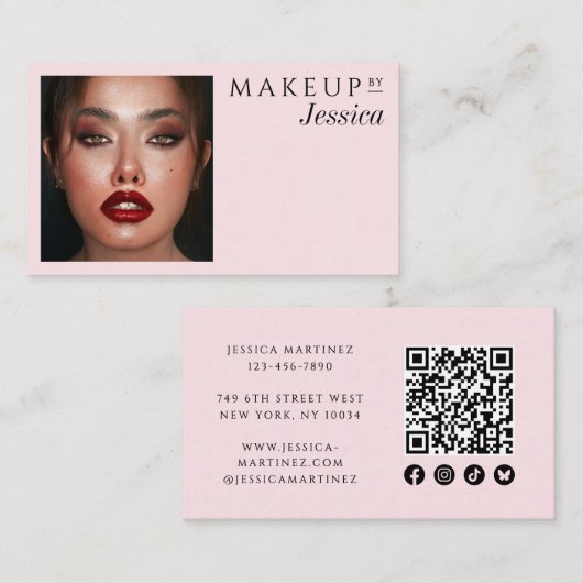 Elegante Roze QR Code Sociale Foto Make-up Visitekaartje (Voorkant / Achterkant)