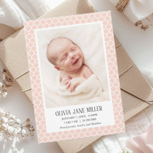 Elegante Roze Quatrefoil Foto Geboorteaankondiging Aankondiging