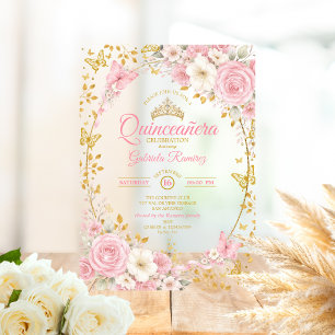 Elegante Roze Quinceañera Gouden Vlinder Acryl Uitnodigingen