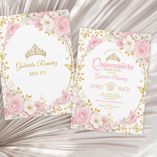 Elegante Roze Quinceañera Gouden Vlinder Kaart