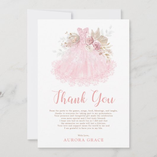Elegante Roze Quinceañera Jurk Mis Quince Bedankkaart (Voorkant)
