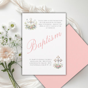 Elegante Roze Religieuze Doopfeest Baby Meisje Kaart