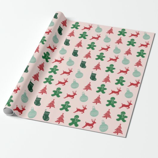 Elegante roze  retro kerst cadeaupapier (Uitgerold)