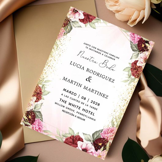 Elegante roze, rode bloem goud Spaanse Nuestra Bod Kaart
