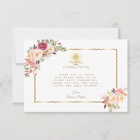 Elegante roze rode bloemen gouden Eerste Heilige C Bedankkaart (Voorkant)