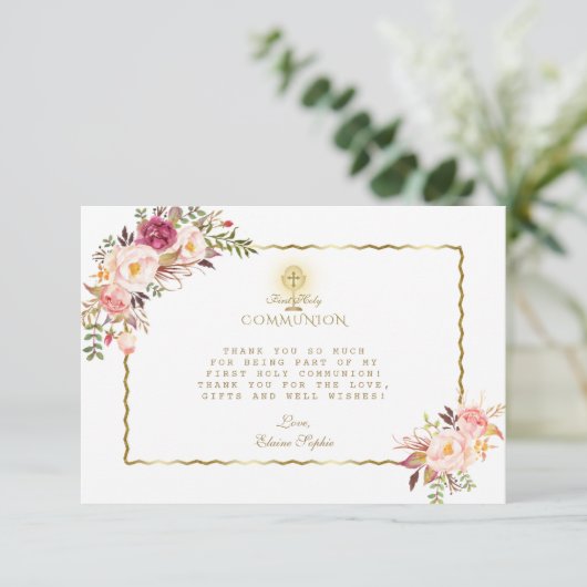 Elegante roze rode bloemen gouden Eerste Heilige C Bedankkaart (Staand voorkant)
