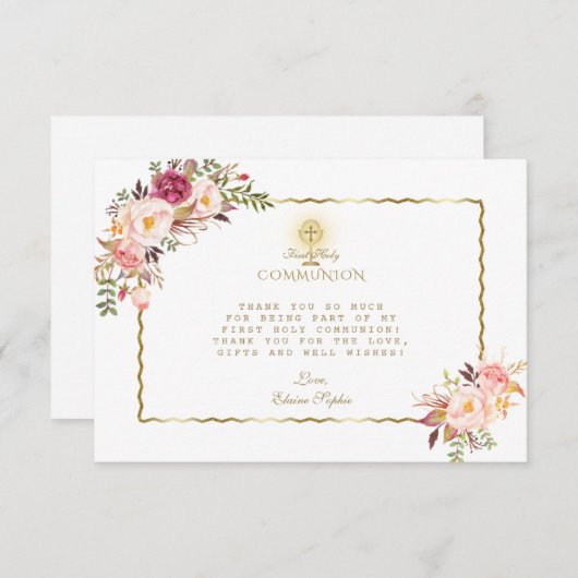 Elegante roze rode bloemen gouden Eerste Heilige C Bedankkaart (Voorkant / Achterkant)