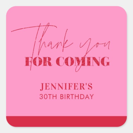 Elegante Roze Rode Glitter Verjaardag Dank u Vierkante Sticker (Voorkant)
