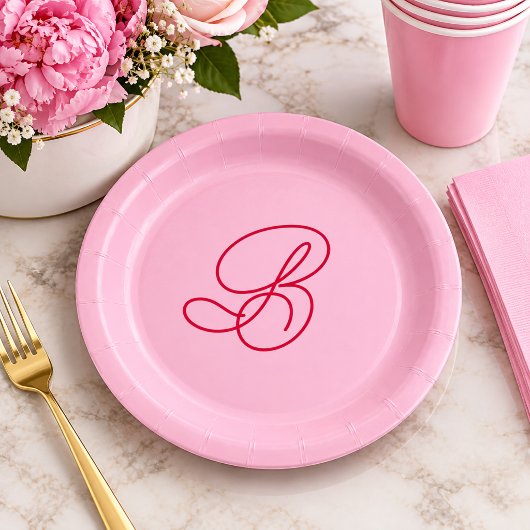 Elegante Roze & Rode Monogram Script Naam  Papieren Bordje