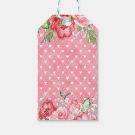 Elegante Roze & Rode Rozen op Roze Achtergrond met Cadeaulabel