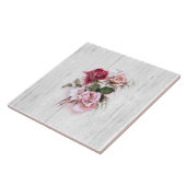 Elegante Roze & Rode Rozen op witgekalkt hout Tegeltje (Zijkant)