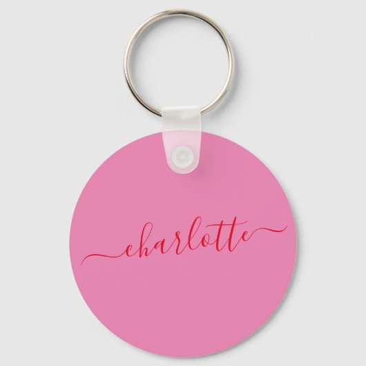 Elegante Roze Rode Script Moderne Naam Persoonlijk Sleutelhanger (Voorkant)