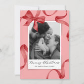 Elegante roze rode strik Foto Kerstmis Feestdagenkaart (Voorkant)