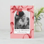 Elegante roze rode strik Foto Kerstmis Feestdagenkaart (Staand voorkant)