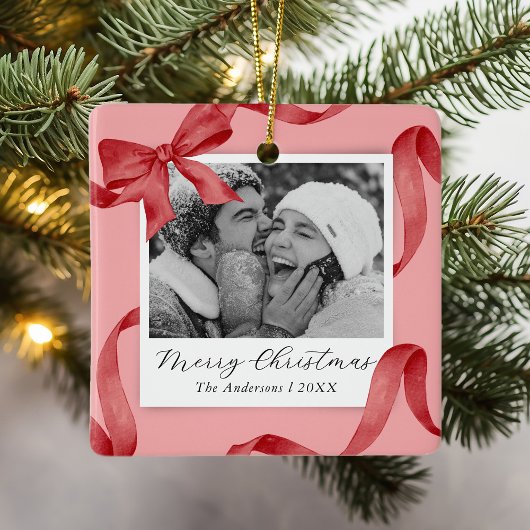 Elegante Roze Rode strik Fotovakantie Keramisch Ornament