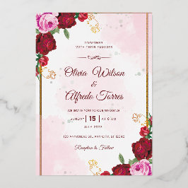 Elegante Roze & Rode Trouwkaart Folie Uitnodiging