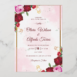 Elegante Roze & Rode Trouwkaart Folie Uitnodiging