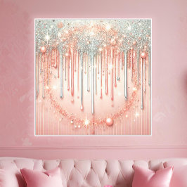 Elegante roze rood & zilver glitter druppel canvas afdruk