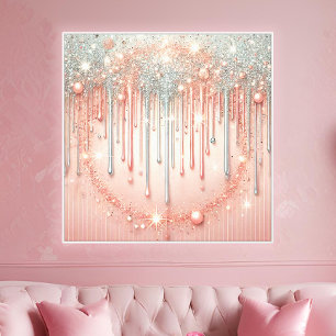 Elegante roze rood & zilver glitter druppel canvas afdruk