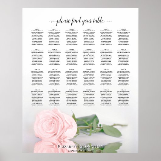 Elegante Roze Roos 24 Tafel Trouw Stoelenplattegro Poster (Voorkant)