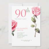 Elegante Roze Roos 90ste verjaardag Uitnodiging (Voorkant)