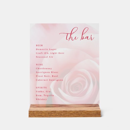 Elegante Roze Roos Bar Menu Acryl Bord (Voorkant)