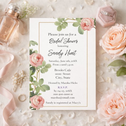 Elegante Roze Roos Bloemachtige Bruidsuitnodiging Kaart
