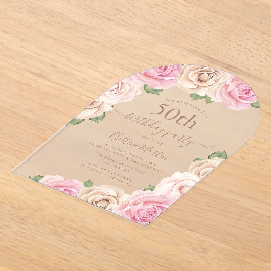Elegante Roze Roos Bloemboog 50e Verjaardagsfeest Acryl Uitnodigingen (Laagn)
