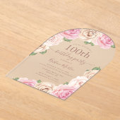 Elegante Roze Roos Bloemenboog 100e Verjaardagsfee Acryl Uitnodigingen (Laagn)