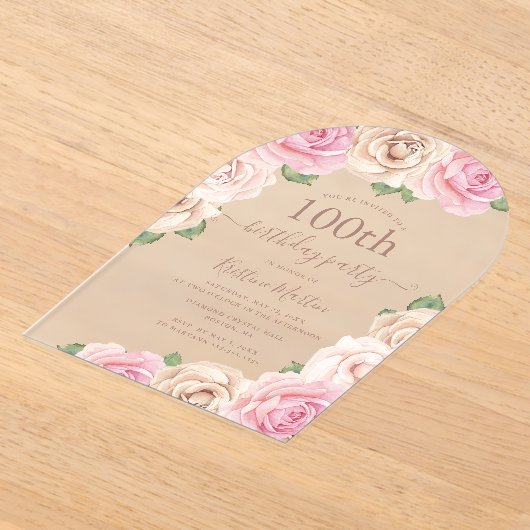 Elegante Roze Roos Bloemenboog 100e Verjaardagsfee Acryl Uitnodigingen (Laagn)