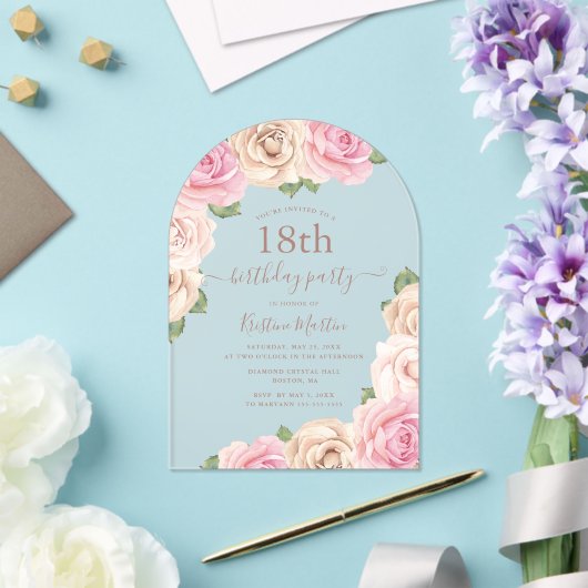 Elegante Roze Roos Bloemenboog 18e Verjaardagsfees Acryl Uitnodigingen (Insitu (Huwelijk))