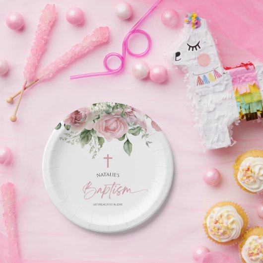 Elegante roze roos bloemendoop papieren bordje (Feest)