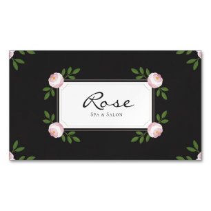 Elegante Roze Roos Bloemig op Zwart Magnetisch Visitekaartje