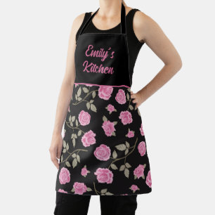 Elegante Roze Roos Bloemige Zwarte Keuken Schort
