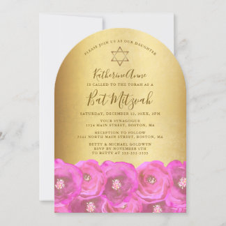 Elegante Roze Roos Bloemrijke Gouden Bat Mitzvah Kaart