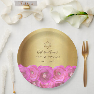Elegante Roze Roos Bloemrijke Gouden Bat Mitzvah Papieren Bordje
