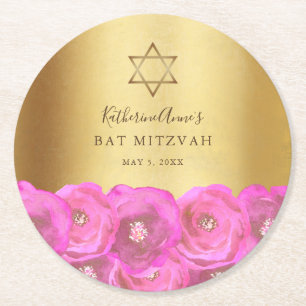 Elegante Roze Roos Bloemrijke Gouden Bat Mitzvah Ronde Kartonnen Onderzetter