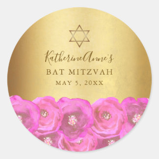 Elegante Roze Roos Bloemrijke Gouden Bat Mitzvah Ronde Sticker